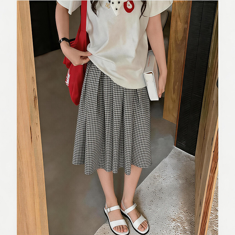 Pregnant Women's Summer Pure Cotton Work Clothing Korean-Style Simple and Comfortable Casual Mid-Length Plaid A-Line Skirt with Lining