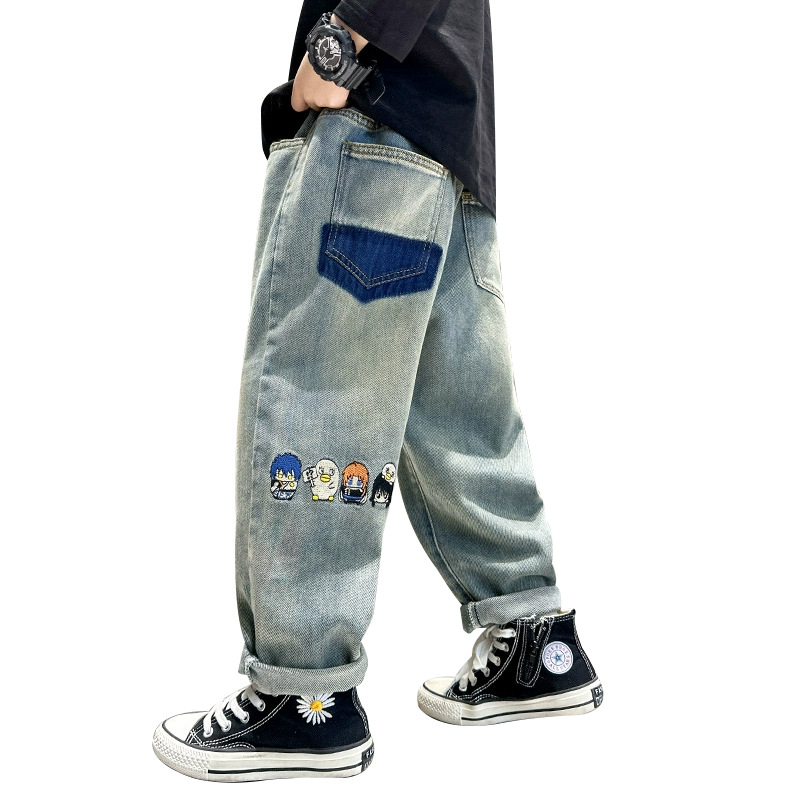 Herbstliche Jeans für Jungen, modisches Design mit Farbblock-Effekt, stylisch und locker geschnitten, für Kleinkinder (3-7 Jahre), Frühling und Herbst_voghion.com