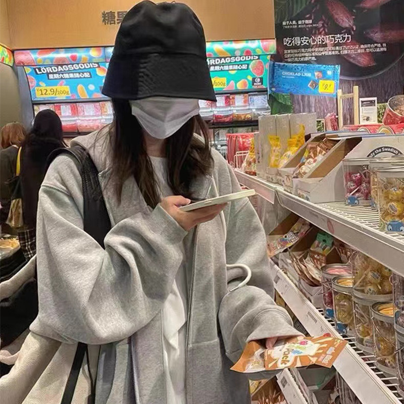 Sweater Spring and Autumn Hooded Cardigan All-match Female plus size Student Casual Loose Slimming Instagram Popular Zipper Fleece Jacket