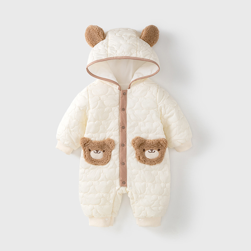 Ropa de bebé para otoño e invierno, conjunto de una pieza de algodón grueso con forro polar fino para niños, chaqueta de algodón con diseño de oso para recién nacidos, ropa para salidas de invierno.