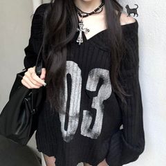 美式数字复古风慵懒黑色露肩毛衣秋冬休闲纯欲辣妹设计宽松针织衫
