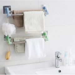 痕跡のない穴なしダブルバータオルラック浴室キッチン置物収納棚プラスチックステンレス製タオルバーハンガー