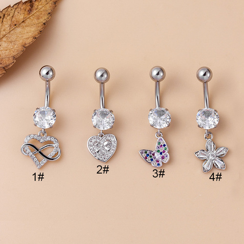 New style belly nail European and American belly piercing navel ornament micro-inlaid zircon butterfly love flower pendant stainless steel belly button nail