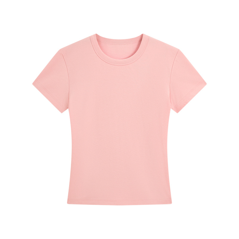 肩の半袖のtシャツの女性のフランスの丸首の2025夏の短いタイプの弾力の修身のギャルの風はやせている短い上着の女性を現します。