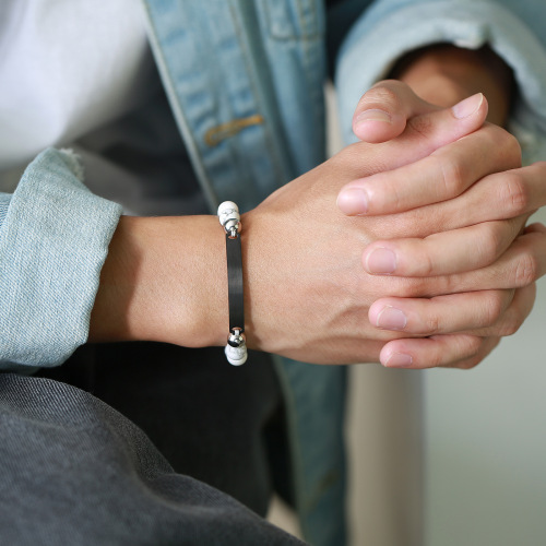 Engravable stainless steel curved plate matte black agate beaded nylon rope braided hand rope for men adjustable BR-610