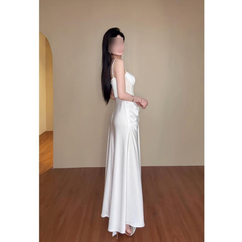 生日礼服裙名媛气质收腰长裙高端精致宴会蕾丝拼接鱼骨吊带连衣裙|undefined