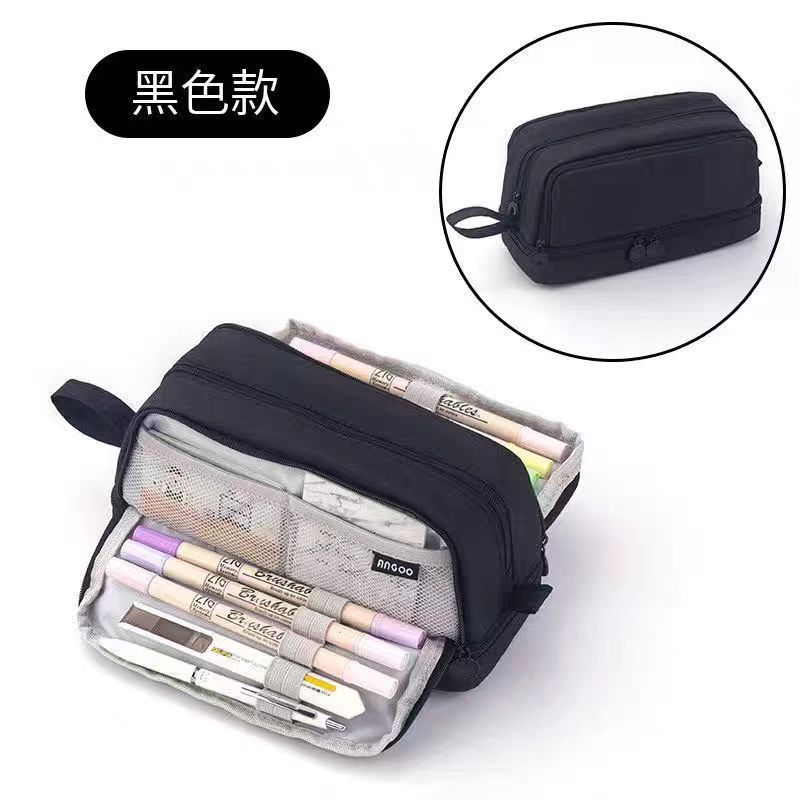 国境を越えた新型二重二重窓筆袋純色シンプル文房具箱小中学生多機能筆箱収納袋|undefined