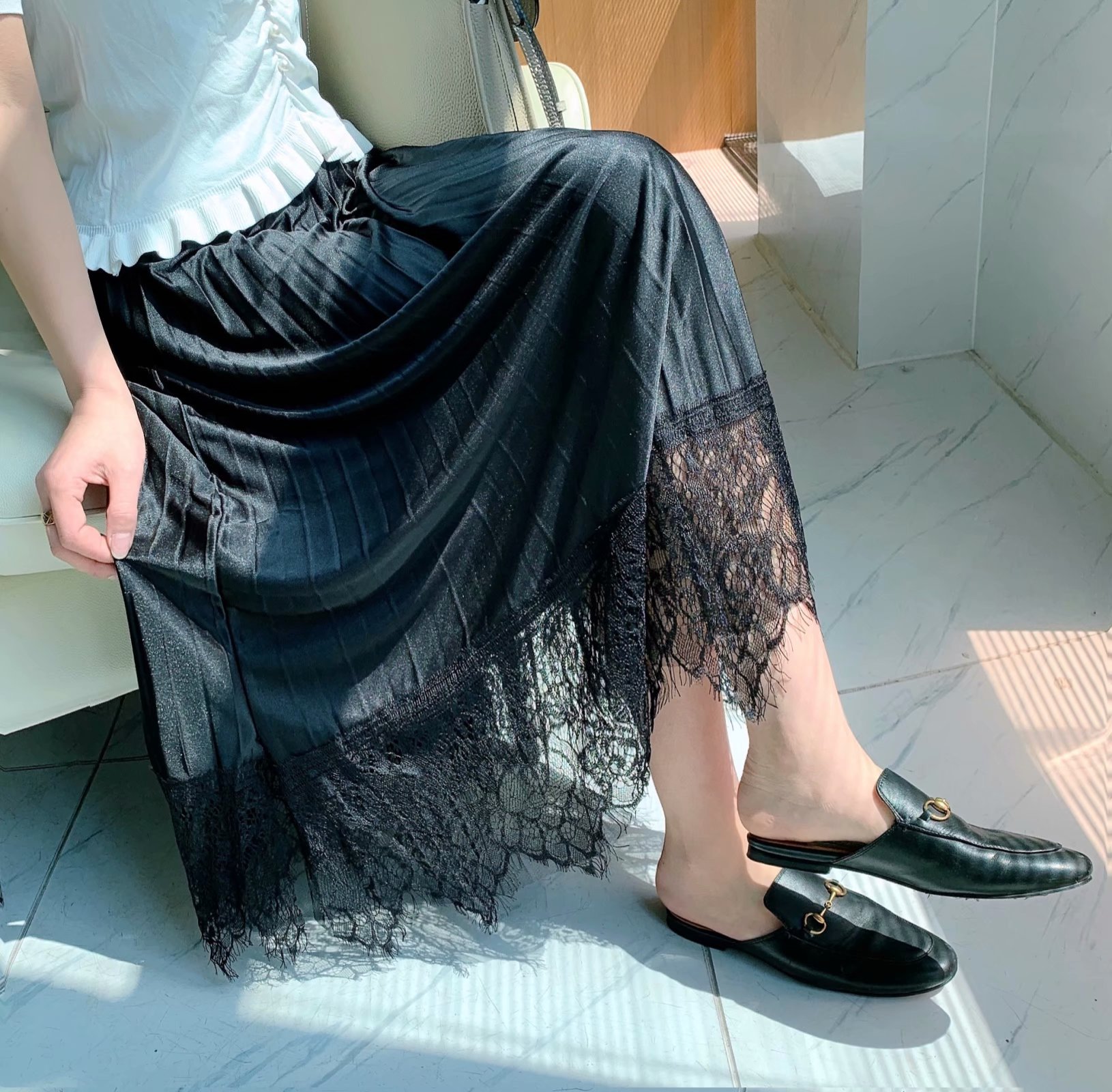 lace stitching high waist pleated skirt  NSAM47476