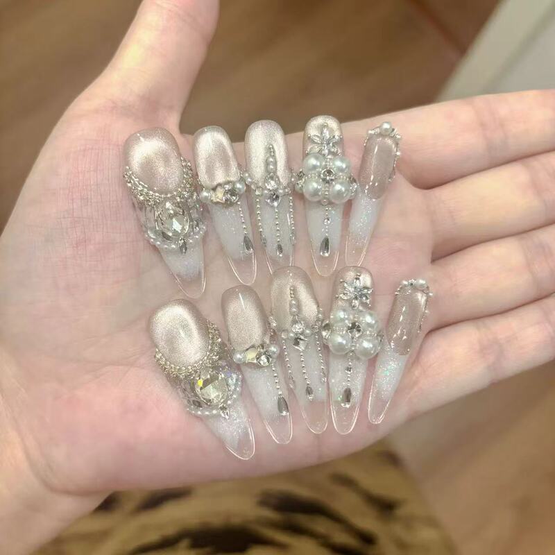 [Fairy Glaze] Handmade Wearable Nails High-End Wedding Nails Gentle Sparkling Cat Eye Luxurious and Elegant Light Luxury Nail Art