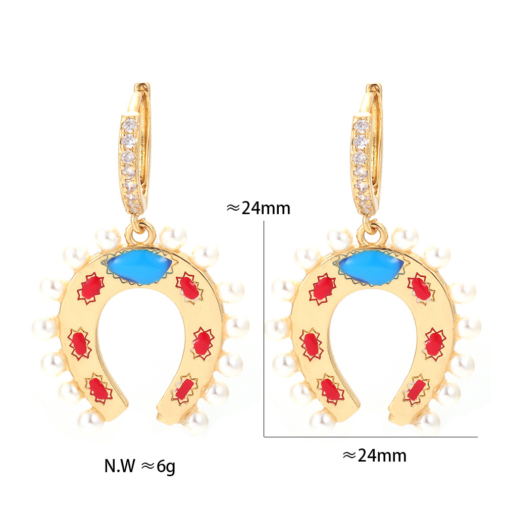 Geometric Pattern Unisex Gender Retro Style Geometric U-shaped Horseshoe Copper Inlaid Zircon Colorful Oil Earrings