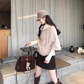 早秋新款百搭麻花针织套头斗篷毛衣女秋冬宽松高领打底针织衫女