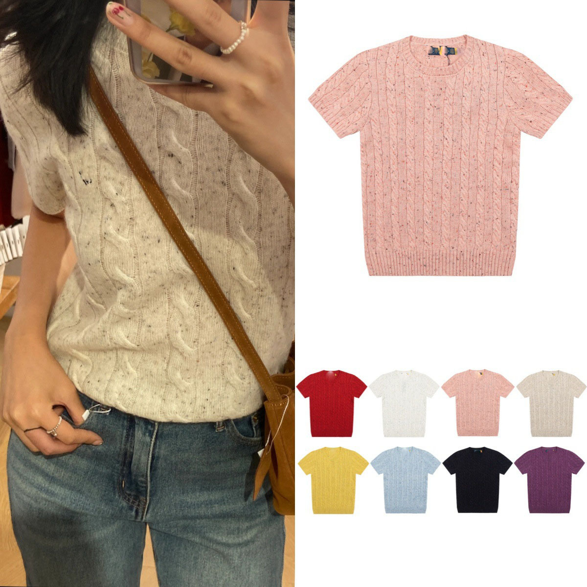 Ralph Lauren Polo Short-Sleeve Wool Knit Sweater with Pony Embroidery, Autumn/Winter, Women's Base Layer Top