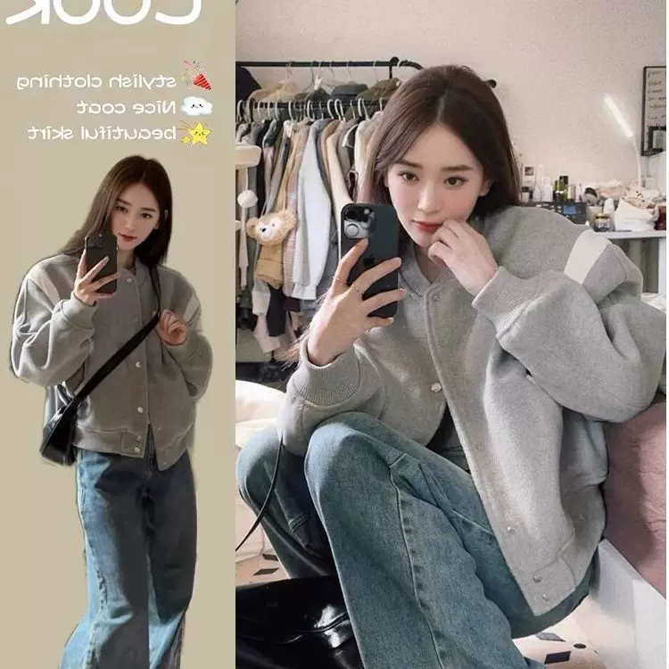 灰色棒球服外套女秋冬2025新款小个子宽松夹克复合短款外穿上衣女
