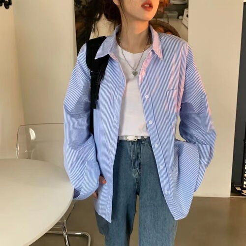 Loose large size blouse Japanese blue striped long-sleeved shirt early autumn new design niche temperament blouse