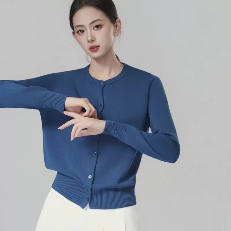 螺纹圆领正肩针织开衫女秋冬新品短款上衣纯色百搭精梳棉毛衣外套