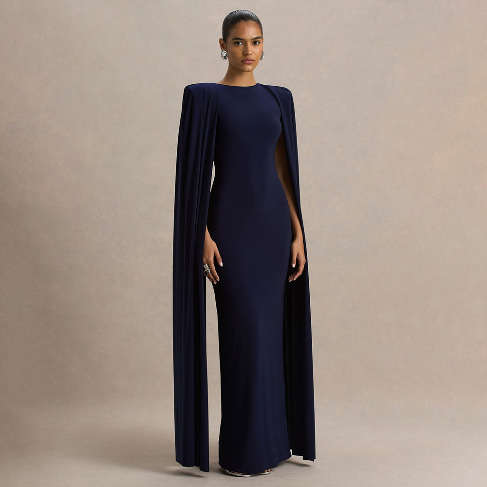 Elegant Women's Party Dress With Pleated Cape - Round Neck Solid Color Maxi Dress For Banquet & Evening Occasions_ecoleips.com