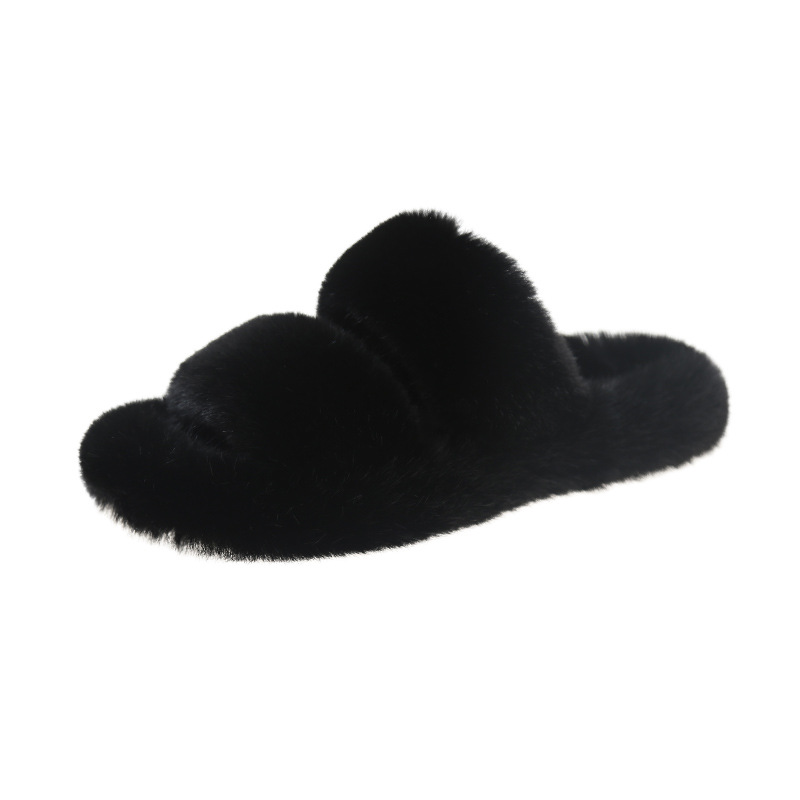 Two Bar 7CM Hairy for Women's Outerwear Home Classic Solid Color Flat Heel Comfortable Cotton Slippers_voghion.com