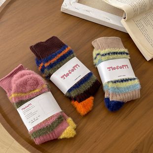 Plush striped socks women's mid-calf length socks autumn and winter thickened fleece-lined warm furry sleeping floor socks winter stockings
