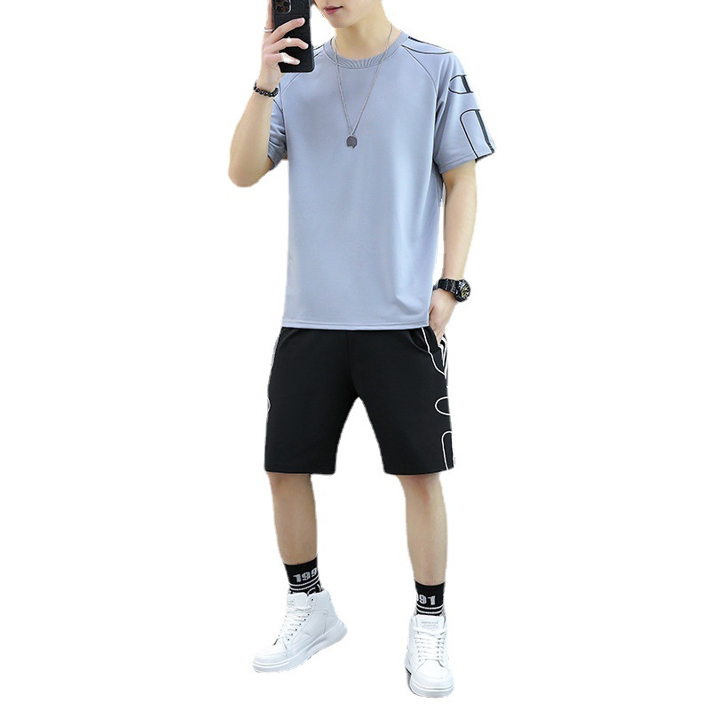 Pantalones cortos traje deportivo verano de los hombres Nueva suelta casual de dos piezas transpirable hielo de seda de manga corta Camiseta de cinco puntos Pantalones