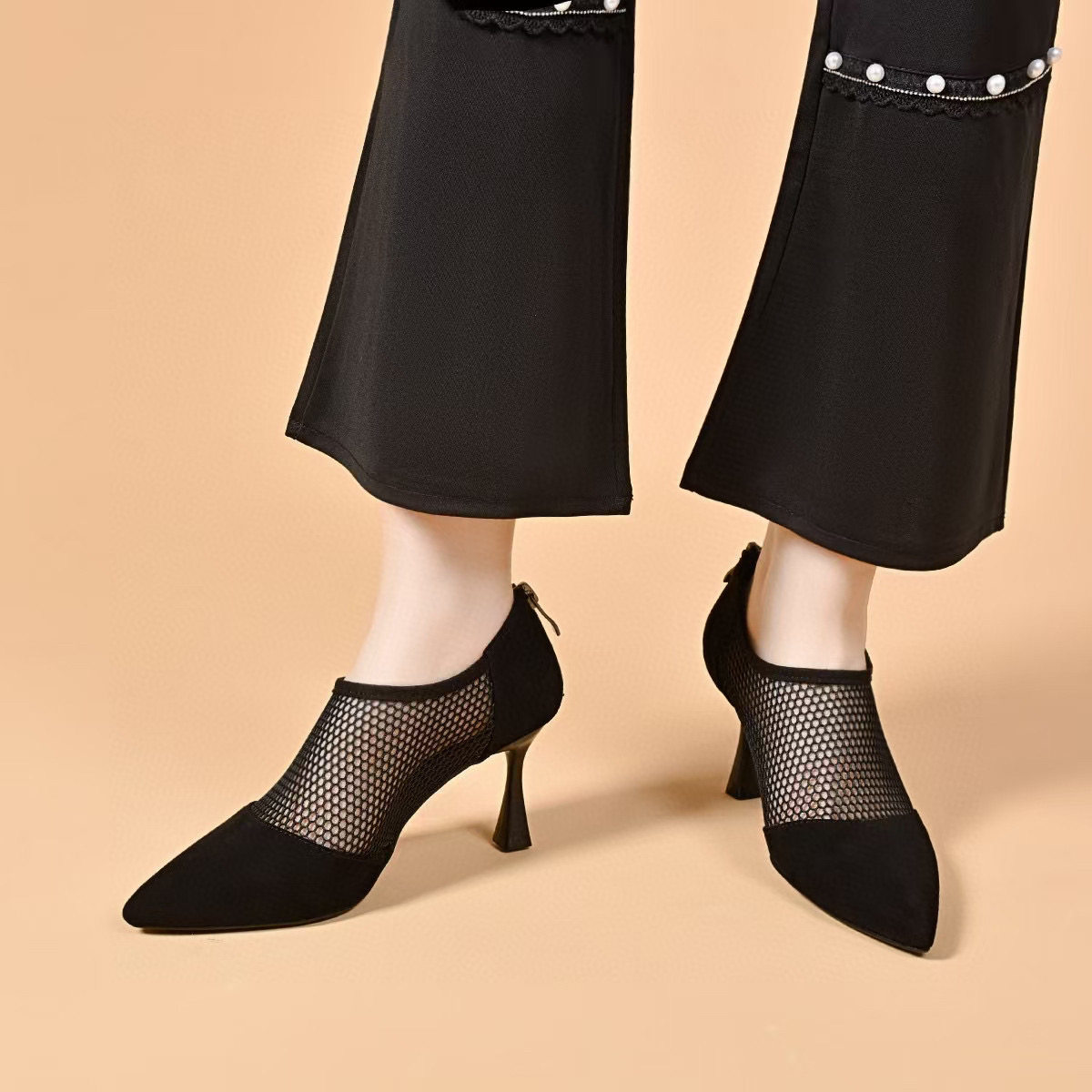 Giày sandal cao gót nữ mũi nhọn hở ngón, chất liệu da thật kết hợp lưới thoáng khí, gót 7 cm — Màu đen - 7cm