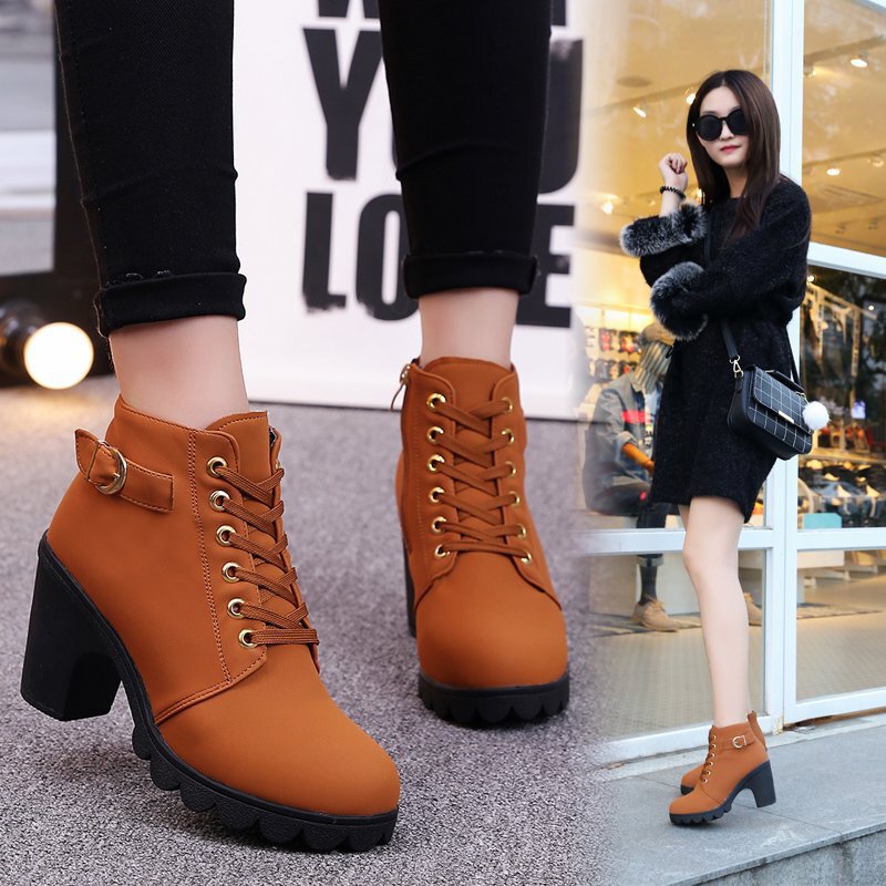 Autumn High-Heeled Single Boots Belt Buckle Women's Shoes Thick Heel Short Boots Round Toe Boots Women's Lace-Up and Naked Boots Knight Boots