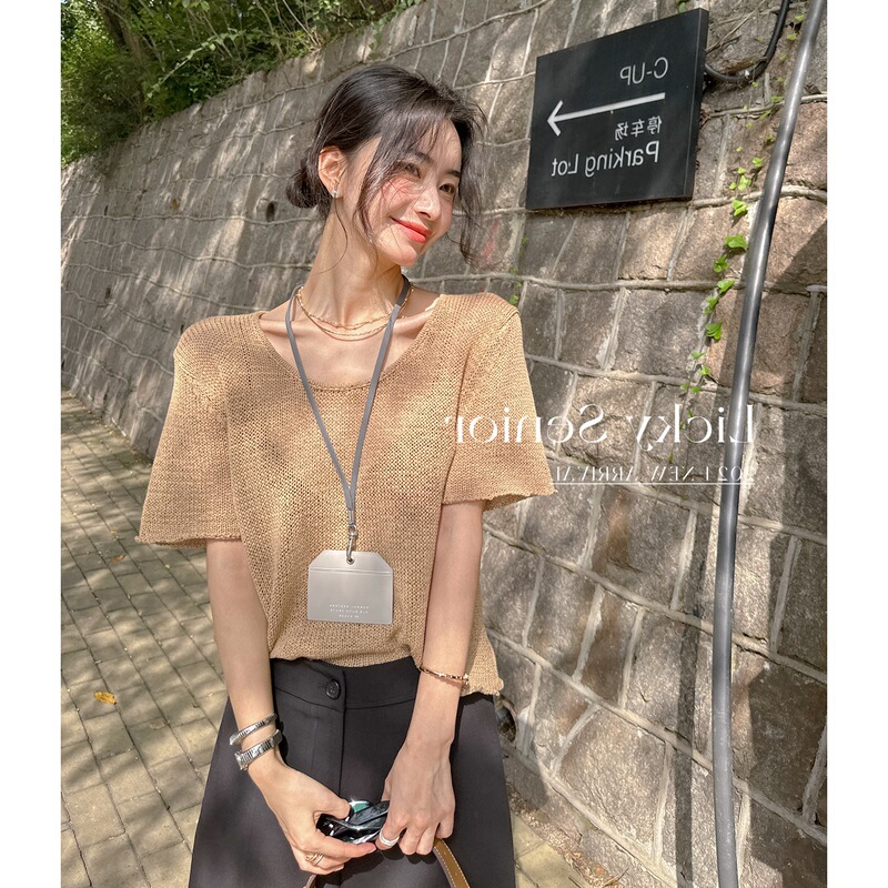 Summer Strap Yarn Knitwear Women's Loose Mesh Cut Out Breathable Short-Sleeved Casual T-Shirt Top