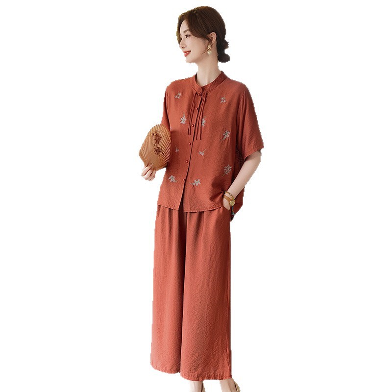 New Chinese Style Mom Summer Casual Suit New Middle-Aged and Elderly Women's Summer Short-Sleeved Chinese Style Shirt Two-Piece Set