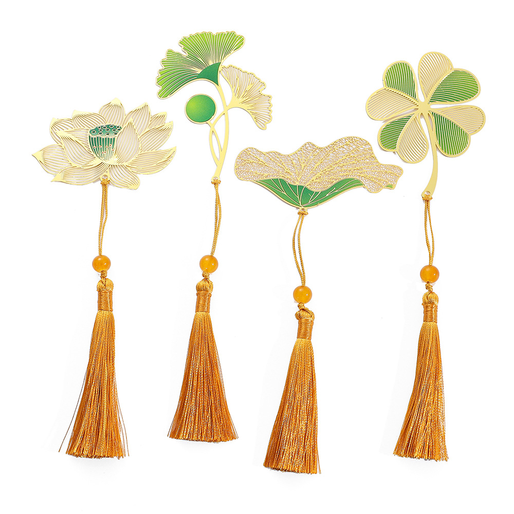 創意金屬彩繪書籤中國風樹葉黃銅流蘇復古學生精美禮品文創書籤