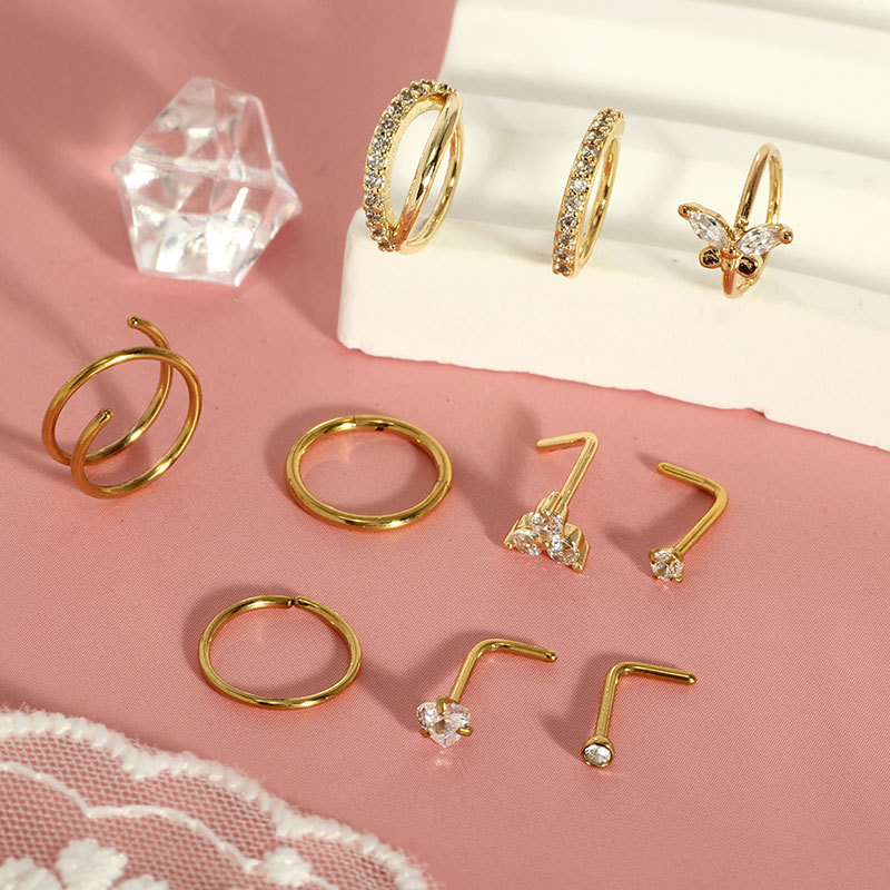 10-Piece Set Stainless Steel Nose Rings with CZ Gems Butterfly Nose Studs Nose Piercing Jewelry Gold Tone detail image 7