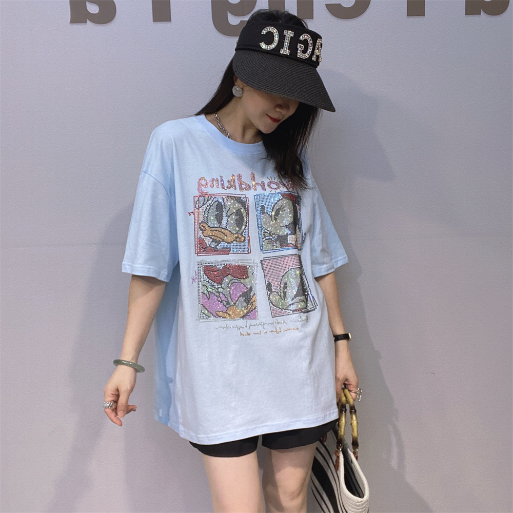 Camiseta de algodón de mujer europea y americana de mangas cortas de verano industria pesada caliente de diamantes para hombres y mujeres camiseta negra media camiseta gran estilo de viento lento
