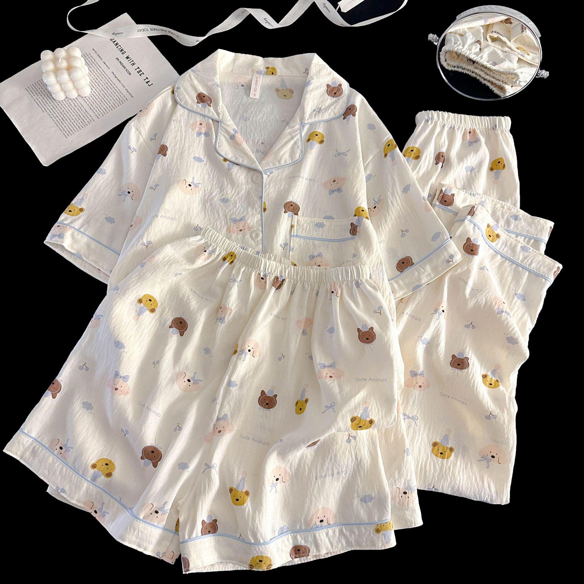 Comercio exterior transfronterizo 120G nube algodón traje de tres piezas pole point kt gato pijamas mujeres lindo solapa pantalones de manga corta servicio a domicilio