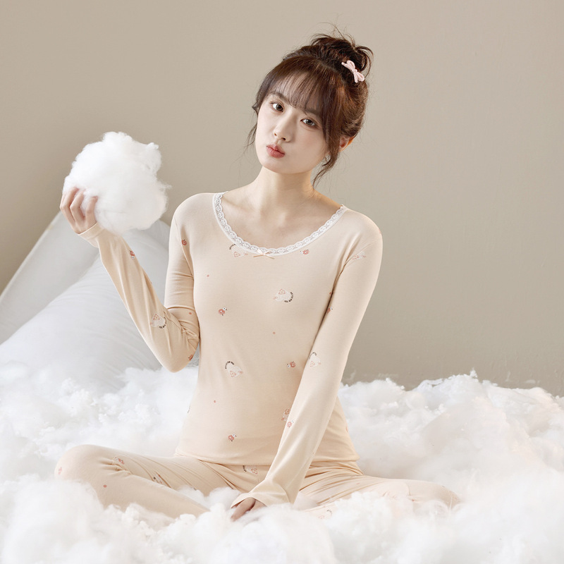 Autumn and Winter Thermal Underwear Set for Women, Pure Cotton, Lace Trim, Thin Cotton Top and Bottom Set Autumn and Winter Thermal Underwear Set for Women, Pure Cotton, Lace Trim, Thin Cotton Top and Bottom Set