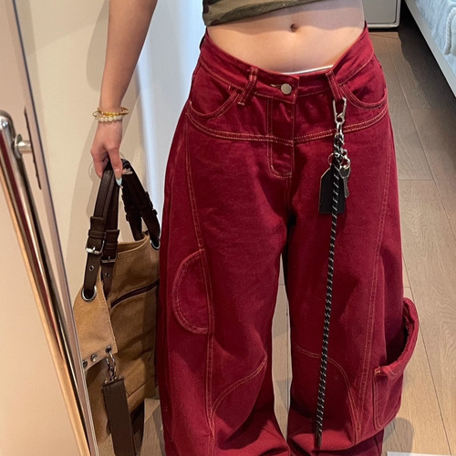 American retro red machete jeans for women, deconstructed open-line design, loose casual wide-leg mop long pants