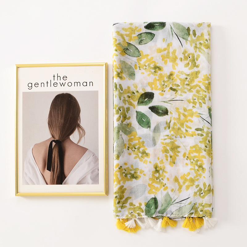 Fresco de primavera y verano bufanda delgada dulce brillante hojas amarillas impreso viaje protector solar chal de algodón y lino de las mujeres sienten la bufanda