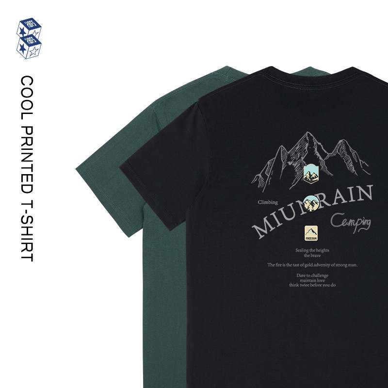 Men's 230g Summer Silver Mountain Print T-Shirt, Unique Design, Short-Sleeve, Round Neck, Loose Fit, Basic Top for Men and Women, Ins Style