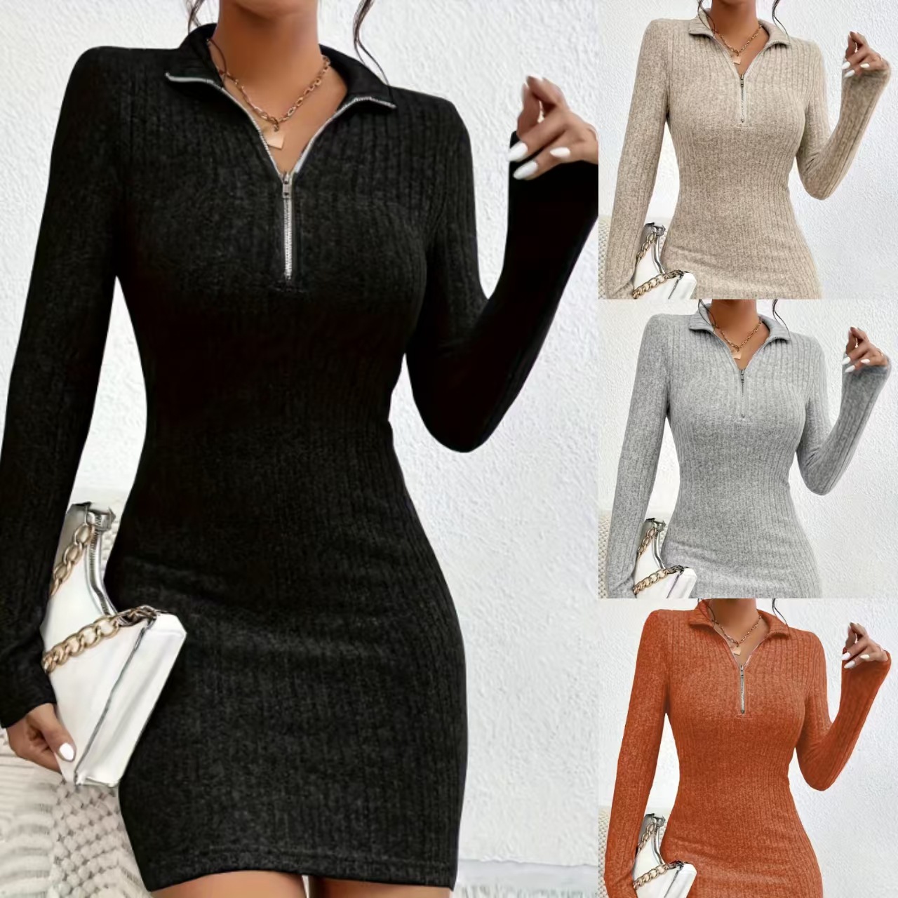 2024 Europe and the United States wish independent station cross-border autumn and winter women's lapel zipper waist long sleeve knitted hip dress