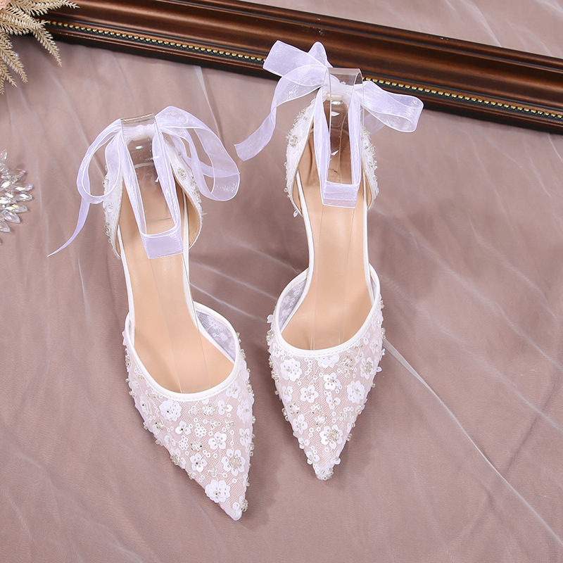 2026 Summer French-Style Sequined Hollow Sandals with White Lace Straps, Pointed Toe, Thin High Heels, Wedding Shoes, Bridal Shoes