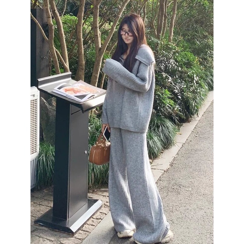 灰色大翻领拉链针织时尚套装女秋冬新款宽松慵懒风阔腿裤两件套厚|undefined
