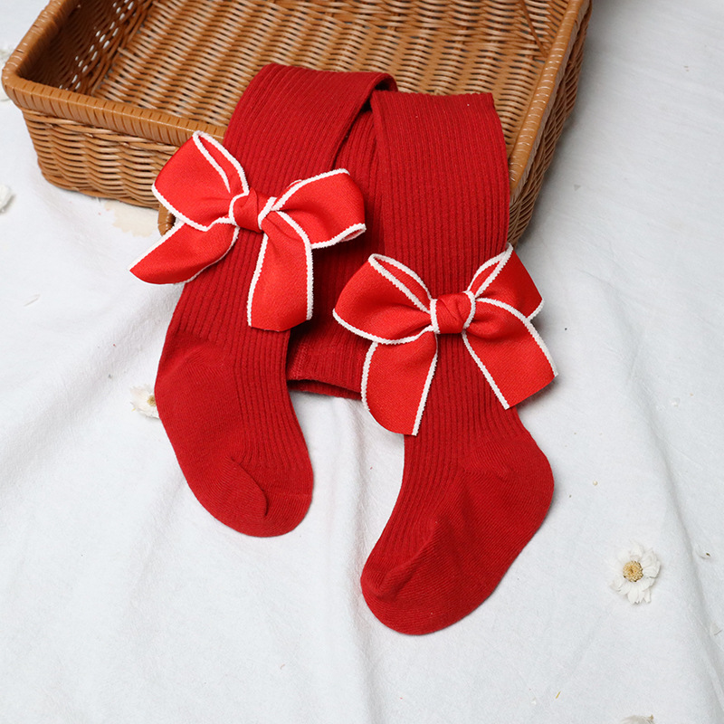 Solid Color Pattern Winter, Autumn Season Girl'S Gender Cotton Fabric Christmas Cute Solid Color Bowknot Cotton Pants & Leggings