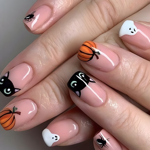 Halloween Simple Pink Manicure, Cute Ghost Pumpkin Fake Nails, Cartoon Kitten Wearable Nails, Cross-Border Hot Sale
