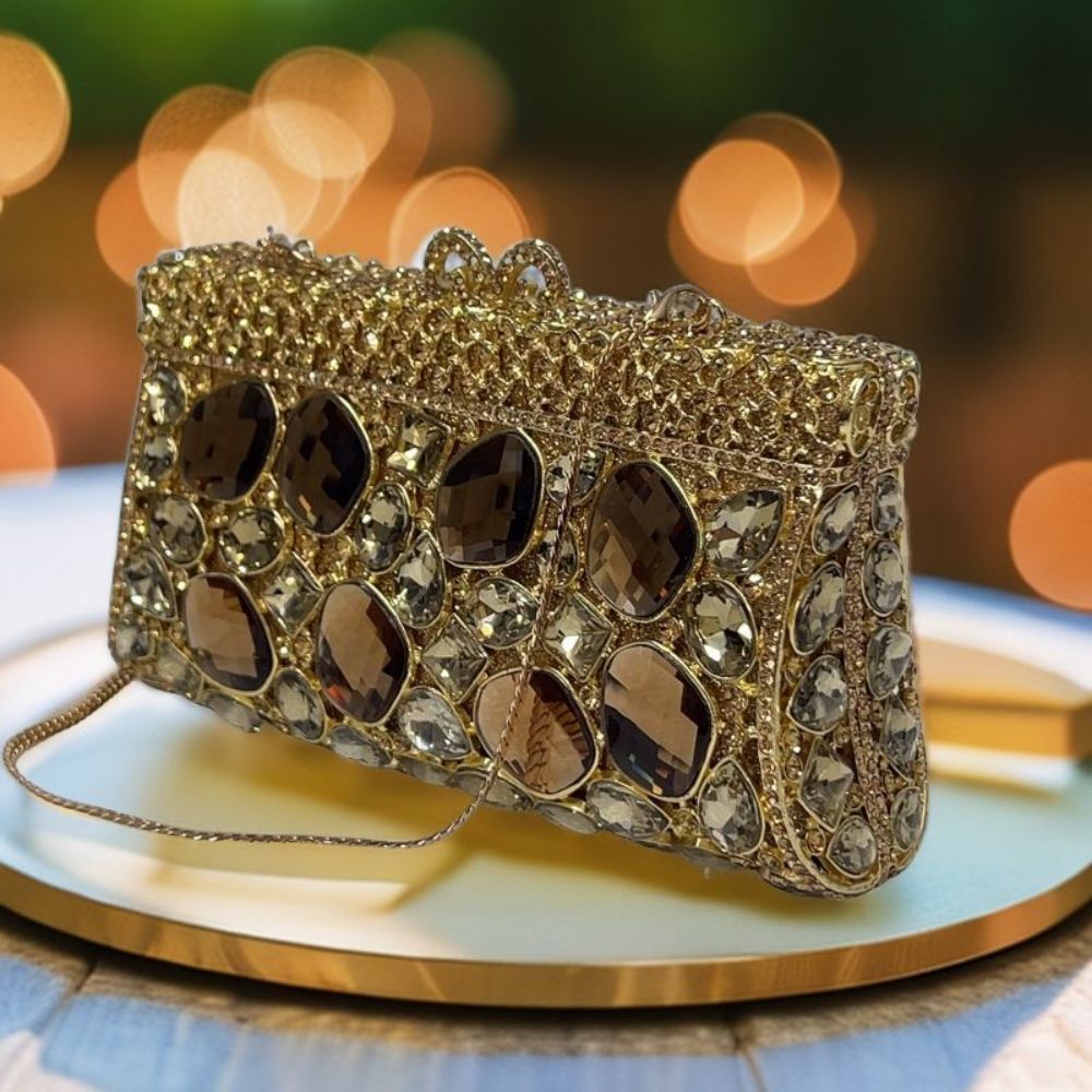 Túi clutch nữ đính đá rhinestone kim loại rỗng dạ tiệc — Vàng Pha Lê, Màu bạc, Xanh ngọc lục bảo, Màu xanh ngọc chi tiết 9