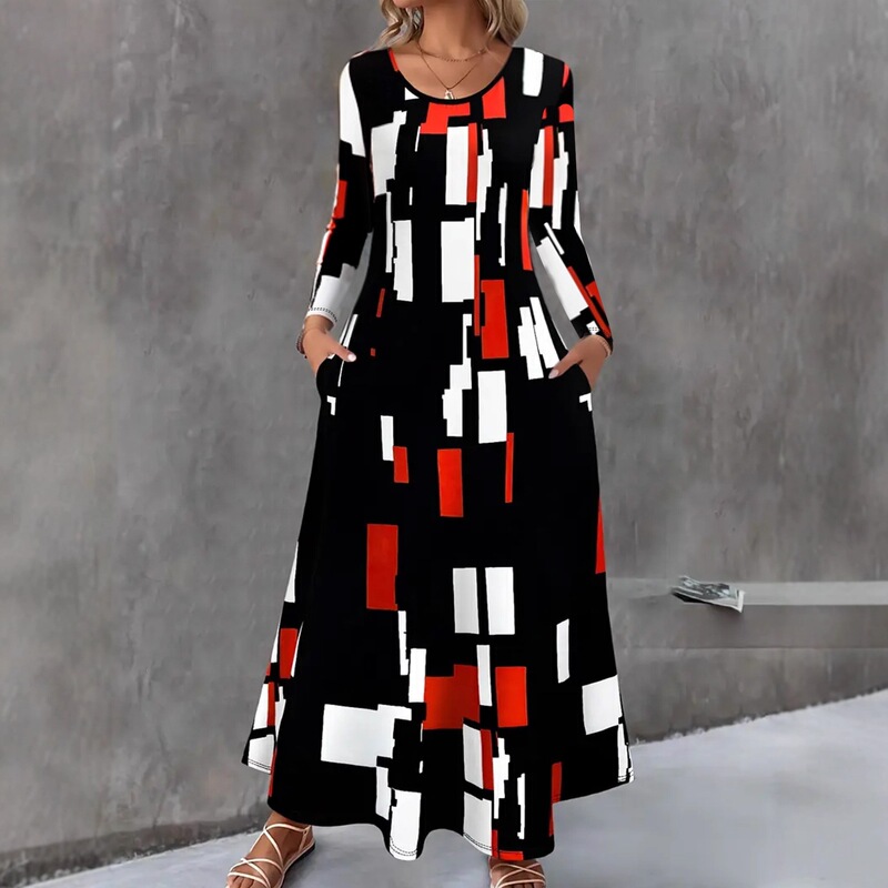 Amazon European and American cross-border 2025 new short-sleeve pocketed long-sleeve plaid loose swing dress for women