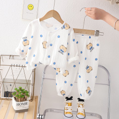 Children's 2024 New Style Double Layer Sleepwear Breathable Thin Set Long Sleeve Air Conditioning Suit Boys' Baby Home Wear 