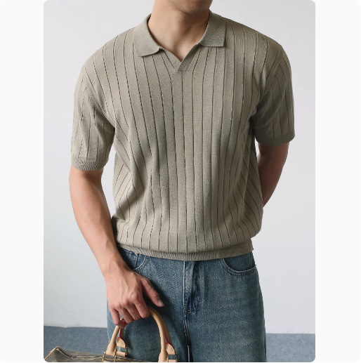 Camisa POLO suéter de manga corta con cuello en V para hombre, rayas verticales, negocios británicos, delgado, seda de hielo de verano, comercio exterior, venta al por mayor transfronteriza image 10