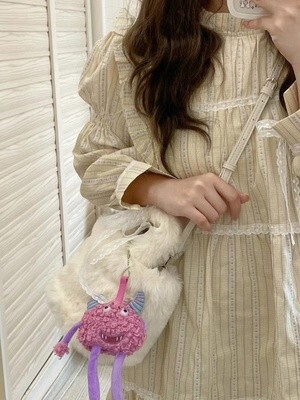 2024 New Furry Bag Trendy Doll Rose Red Cute Little Monster Pendant Plush Bucket Bag Shoulder Crossbody Bag
