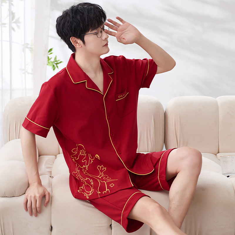 Pijamas de verano Algodón puro noble cardigan manga corta boda festiva rojo brillante desgaste hogar nacimiento año primavera y otoño traje