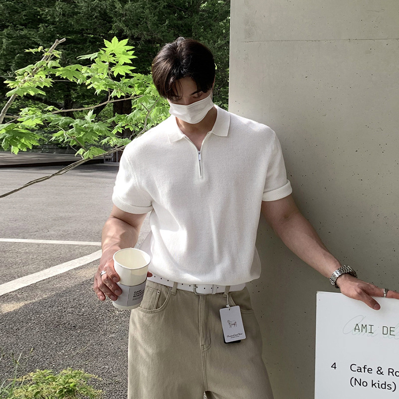 ASCLO Light Mature Old Qian Style Texted Sweater Men's Short-sleeved Summer Breathable Korean-style All-match Fashionable Loose Top