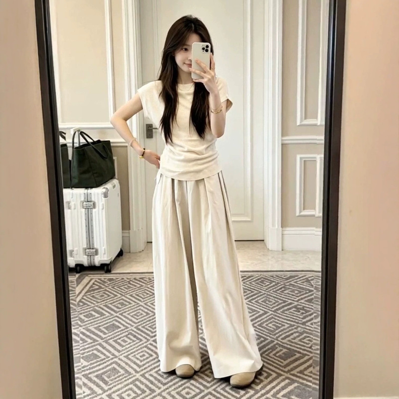 Summer Outfit Set 2026 Korean Style Gentle Casual Short-Sleeved Top Loose Wide-Leg Pants Two-Piece Set for Women