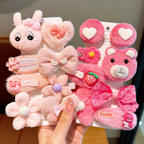 Autumn and Winter New Plush Rabbit Hair Clips for Kids, Cute Cartoon Hair Accessories Set for Babies, Non-Damaging to Hair, Sideburn Clips