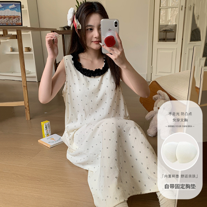 Pijama con cojín de pecho para mujeres de verano nubes de algodón cabina pijama se puede usar vestido largo ropa de hogar de verano alta sensación